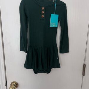 Posh Peanut Forest Green Waffle “Winter thermal” girl skirted bodysuit dress, 2t